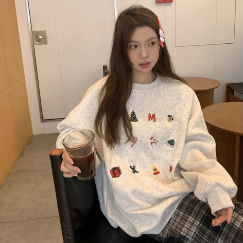 Huamian Shimao Christmas outfit with atmospheric printed red round neck sweatshirt