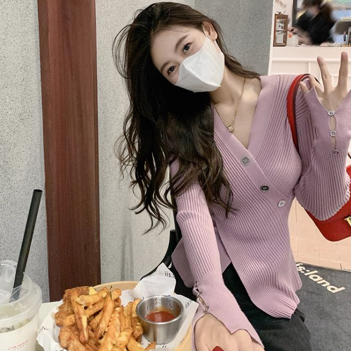 V-neck sweater for women 2024 spring, autumn and winter new Korean style super good-looking right shoulder irregular long-sleeved top trendy