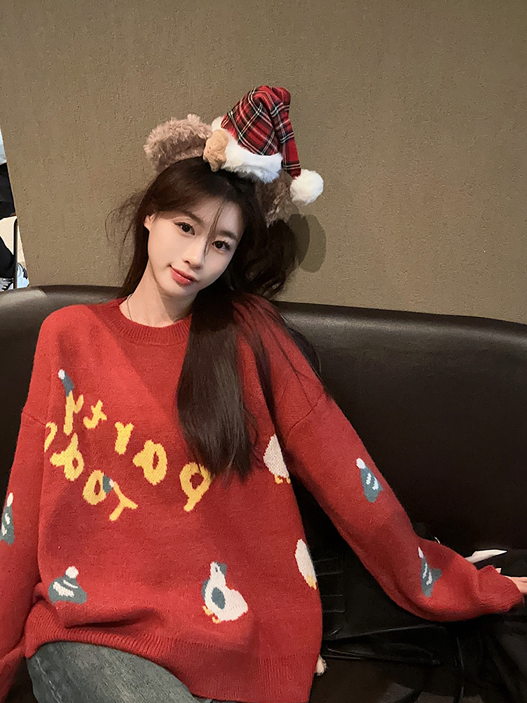 原創～實拍～紅色聖誕提花毛衣女長袖針織衫冬
