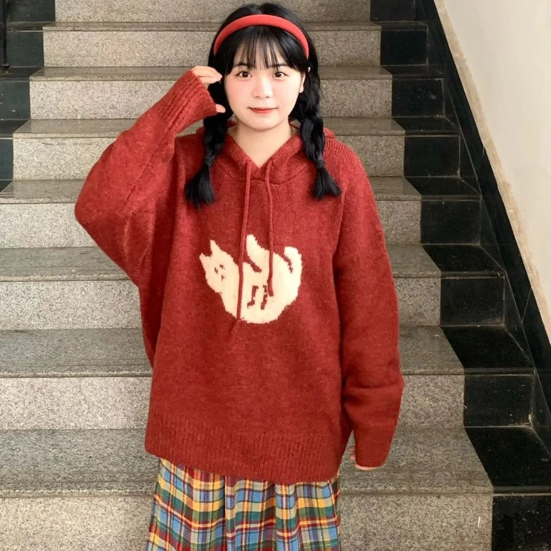 219#小個子穿搭軟糯毛衣卡通連帽設計針織外套
