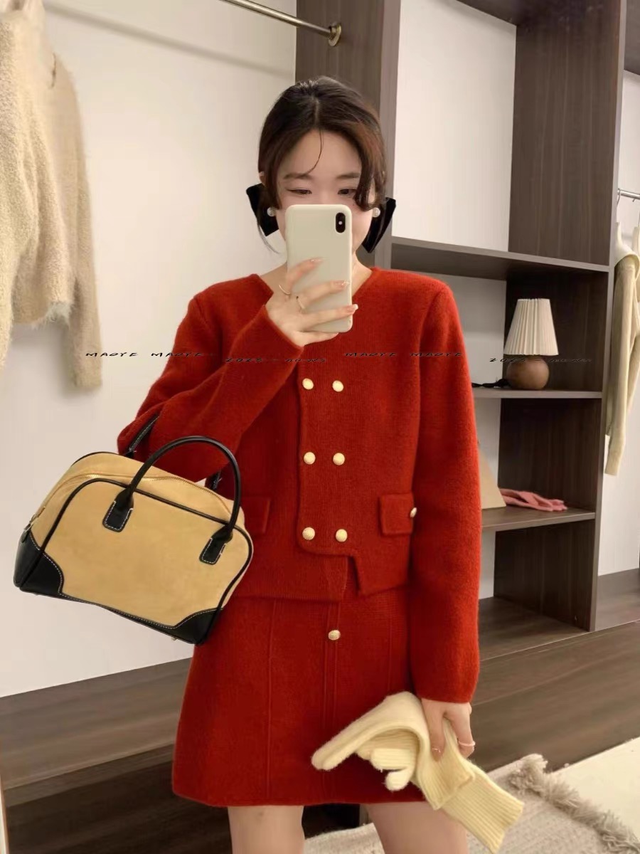 New Year, Christmas, Zodiac Year, red fashion suit for women, small knitted cardigan sweater + skirt two-piece set