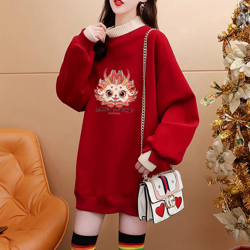 Pure cotton composite super soft autumn and winter super fire dragon print fake two-piece half turtleneck plus velvet sweatshirt for women