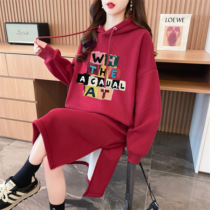 Actual shot of autumn and winter Korean style loose Chinese cotton composite 400g hooded printed over-the-knee dress plus velvet sweatshirt for women