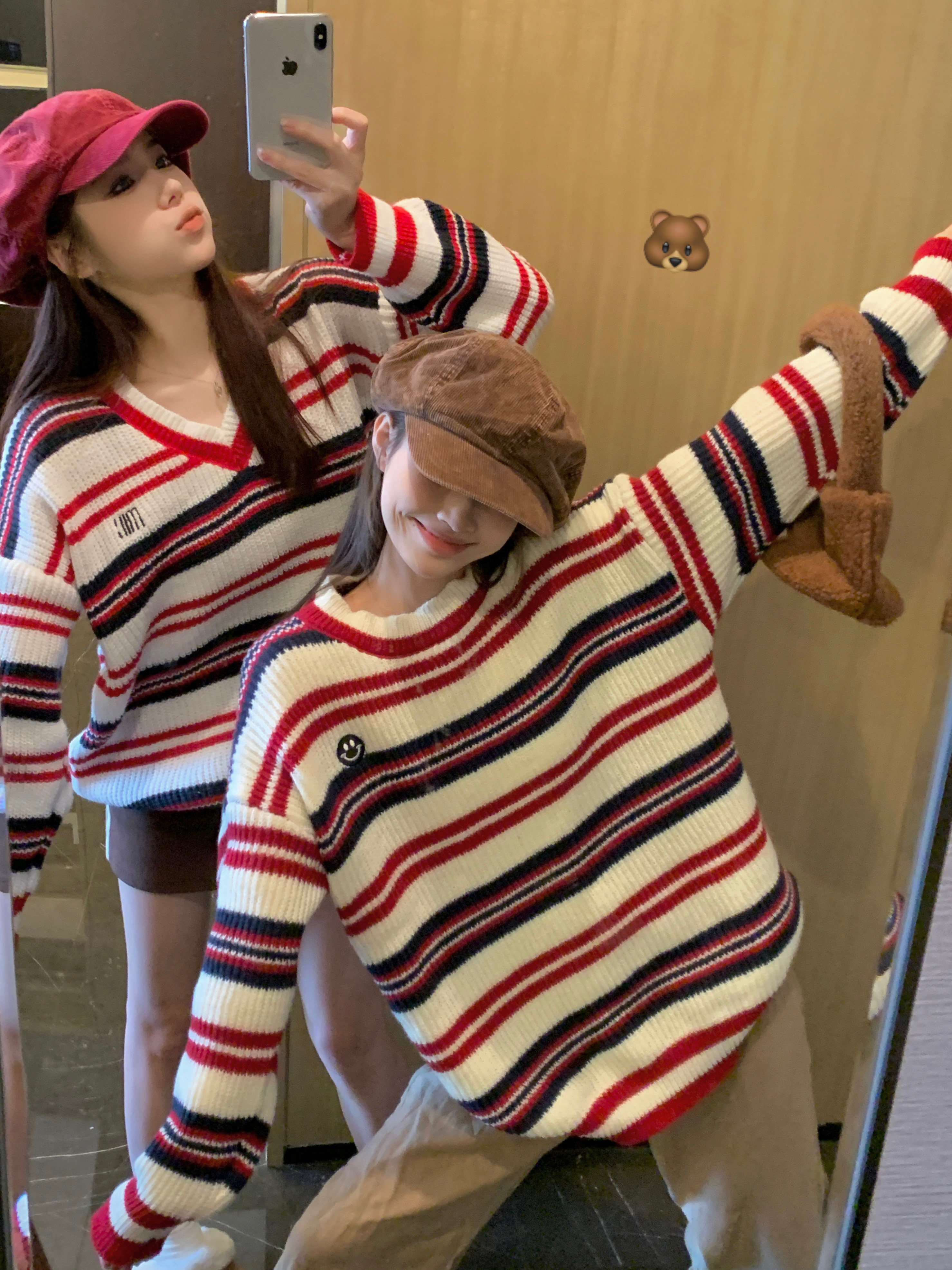 Real shot of round neck contrast striped sweater for women 2023 autumn and winter new style smiling face loose lazy style knitted top