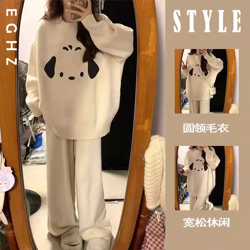 日系復古軟糯慵懶風卡通潮牌杏色圓領套頭毛衣女秋冬新款寬鬆上衣