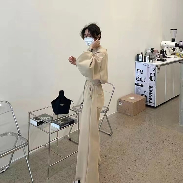 韓國時尚減齡休閒衛衣運動套裝女秋季闊腿褲炸街港風兩件套潮