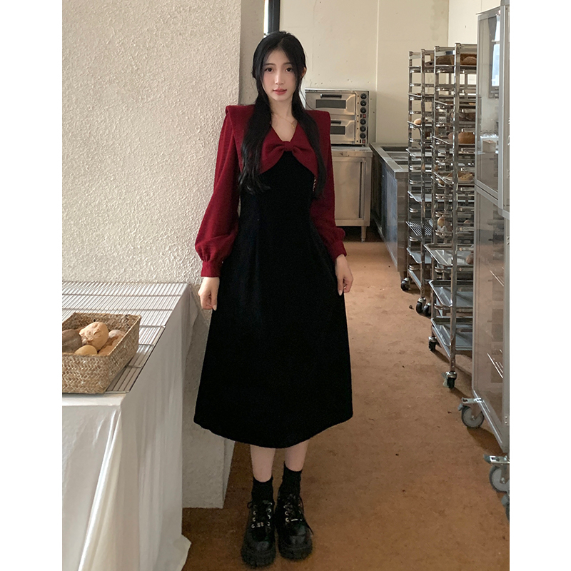 大碼胖mm秋冬赫本風高腰連衣裙美式淑女顯瘦遮肚子小個子長袖裙子