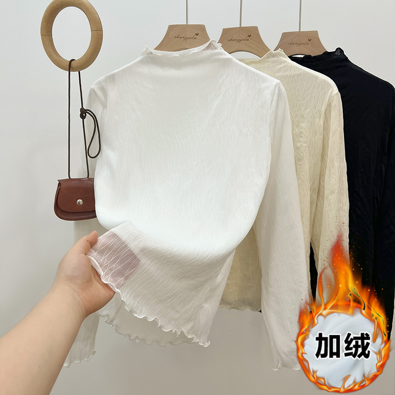 Real shot of French lace half turtleneck plus velvet bottoming shirt for women in autumn and winter with design fungus edge long-sleeved top