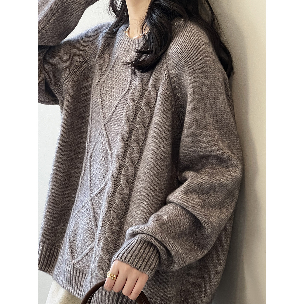 實拍~韓系圓領麻花菱形毛衣女 2023冬季慵懶寬鬆針織衫上衣