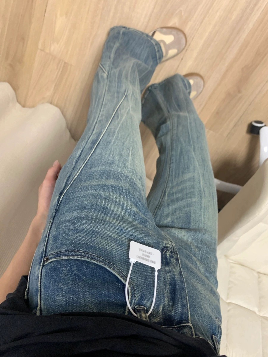 復古藍貓須微喇牛仔褲女秋冬新款高腰寬鬆顯瘦設計感小個子馬蹄褲