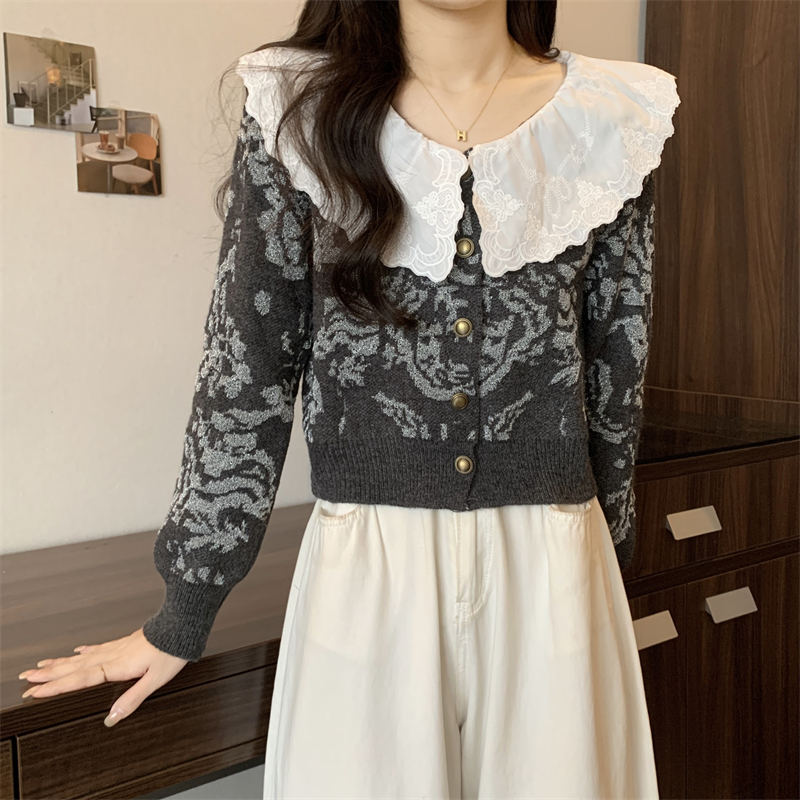 Actual shot of new high-end bright silk jacquard doll collar sweater short knitted cardigan French retro style