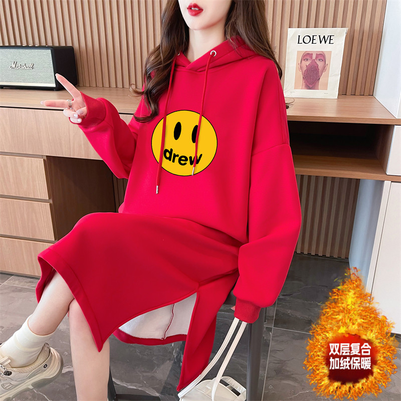 Actual shot of autumn and winter Korean style loose Chinese cotton composite 400g hooded printed over-the-knee dress plus velvet sweatshirt for women