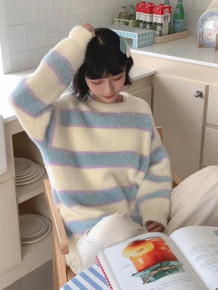 Loyal dog Xiao Hachi sherbet fresh striped loose lazy soft waxy imitation mink sweater milk series sweater tops for women autumn