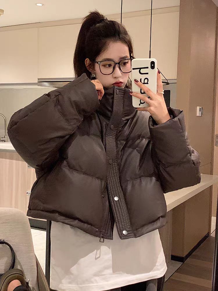 No-wash pu leather down jacket women's short 2023 new winter thickened stand-up collar bread coat small Kendou coat