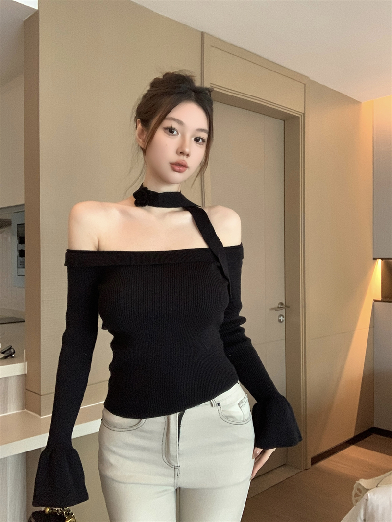 Actual shot of the new Korean style one-line collar, bell sleeves, slim fit and versatile wool sweater top