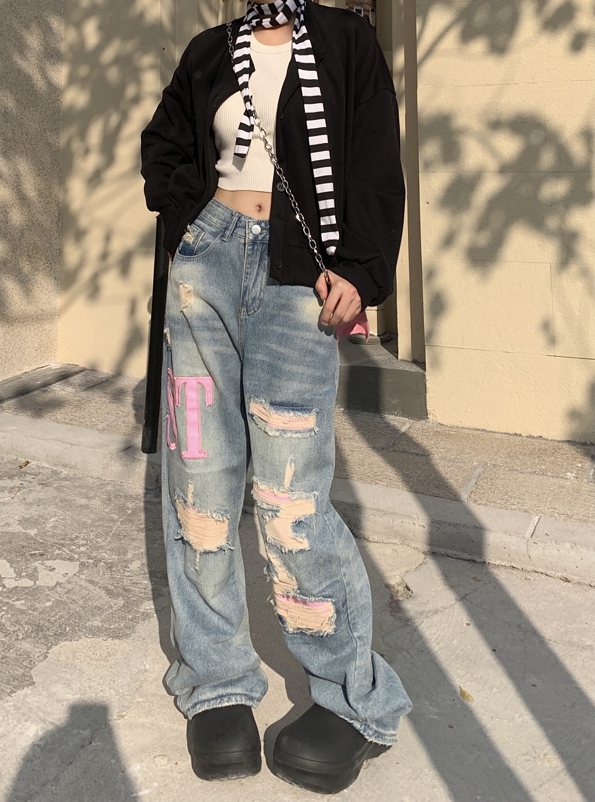 High street niche design split jeans women's new loose slimming wide leg trousers