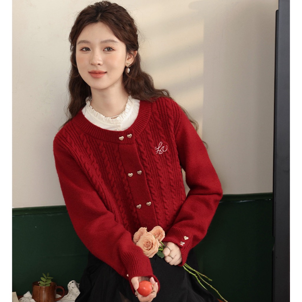 Cherry Diary Fake Two-Piece Sweater 2023 New Autumn and Winter Fashion Knitted Cardigan Top