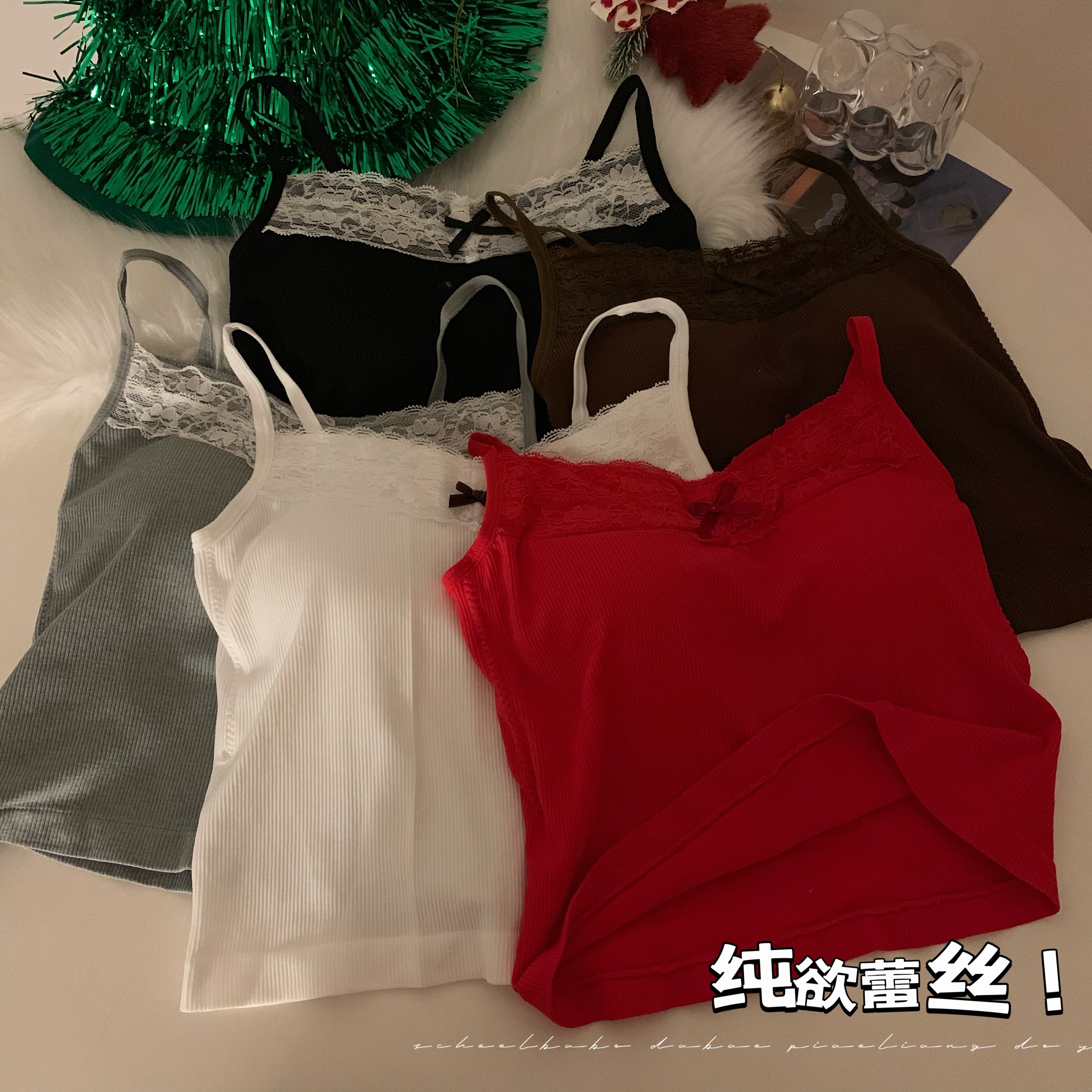實拍 純欲針織吊帶背心打底衫內搭蕾絲無袖短款吊帶上衣