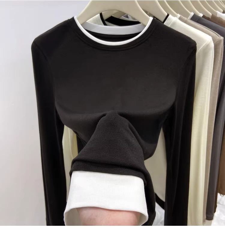 Fake two-piece inner bottoming shirt for women autumn and winter layered T-shirt 2023 new fashion and contrasting color top
