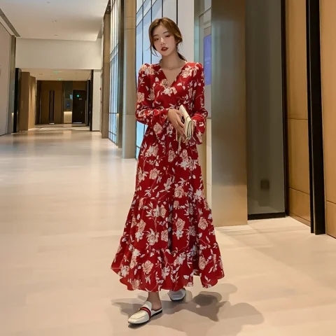 Dress Women's Mid-Length Spring Dress Sexy Personalized Floral Chiffon Autumn and Winter Dress
