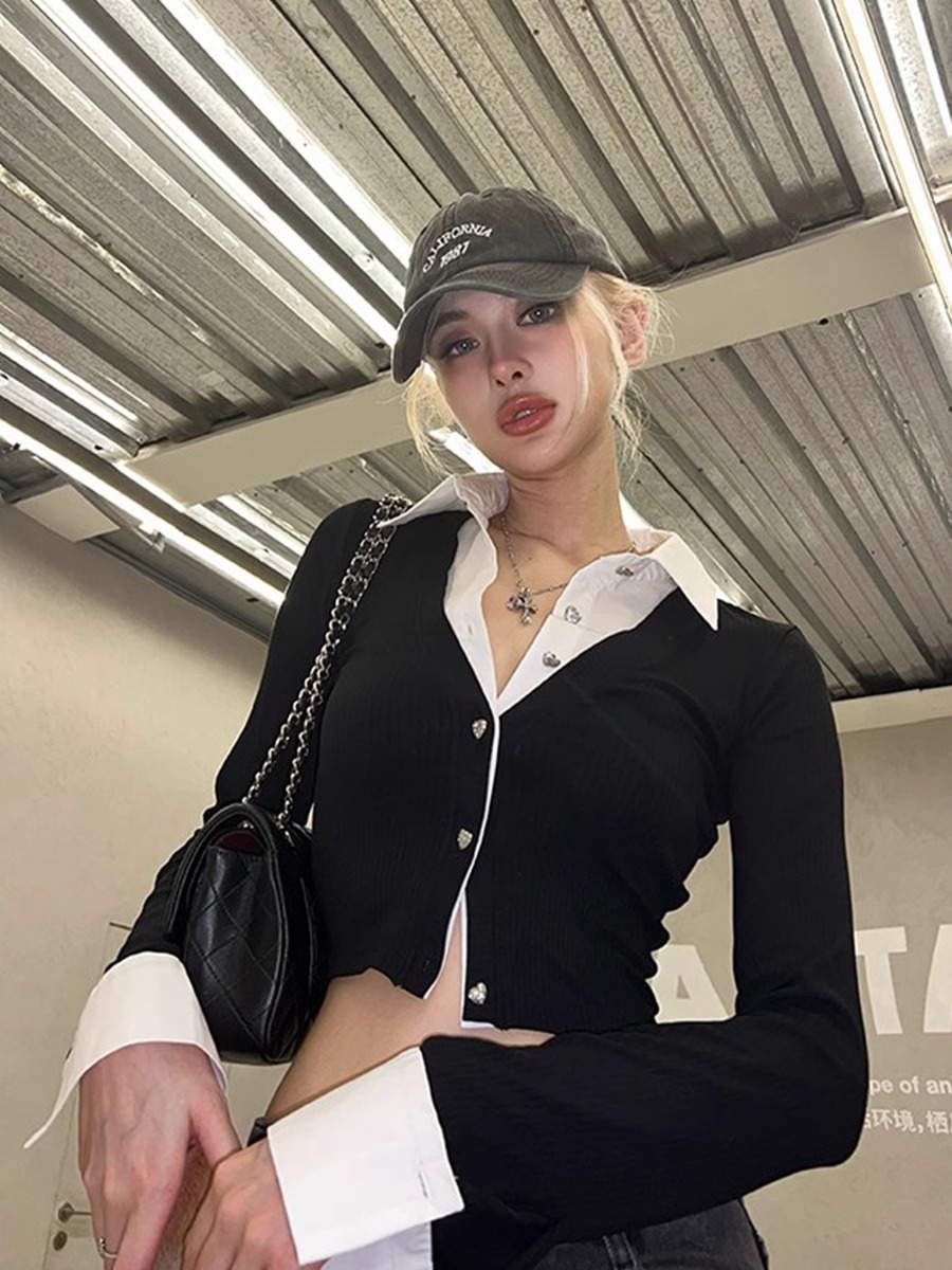 Black and white contrasting color short shirt fake two-piece knitted cardigan long-sleeved slim top for women autumn