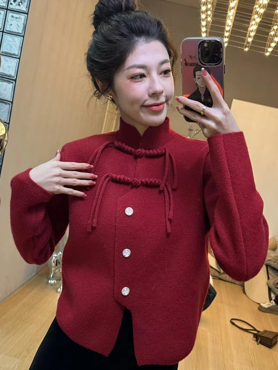 Designed with a sense of foreign style, new Chinese style tassel plate button stand-up collar cardigan sweater 2023 retro fashionable foreign style knitted