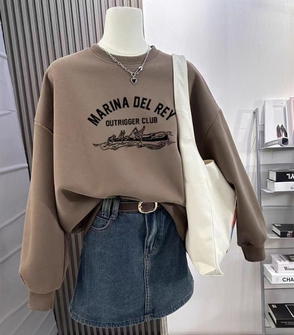 2023新款加絨加厚圓領印花衛衣女