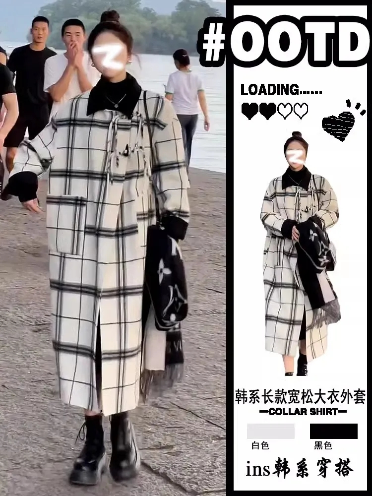 Retro lapel plaid horn button coat for women 2023 autumn and winter high-end mid-length casual straight coat trend