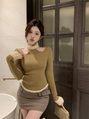 Actual shot of autumn and winter design retro French style collarbone-exposed halter neck knitted top