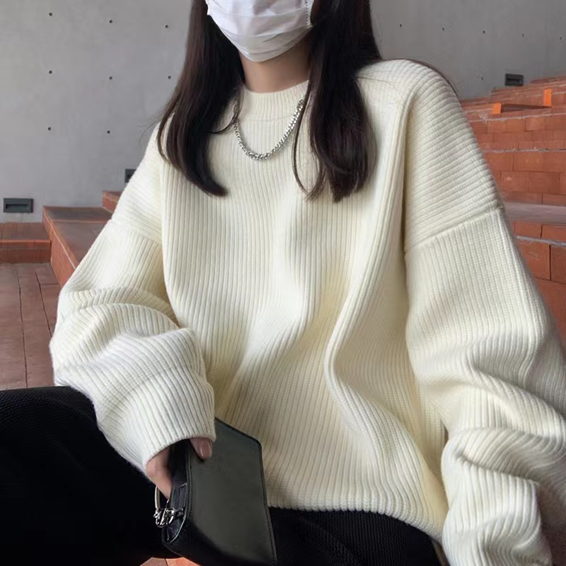 慵懶風潮酷毛衣女秋冬寬鬆圓領套頭長袖針織衫打底chic學院風韓范