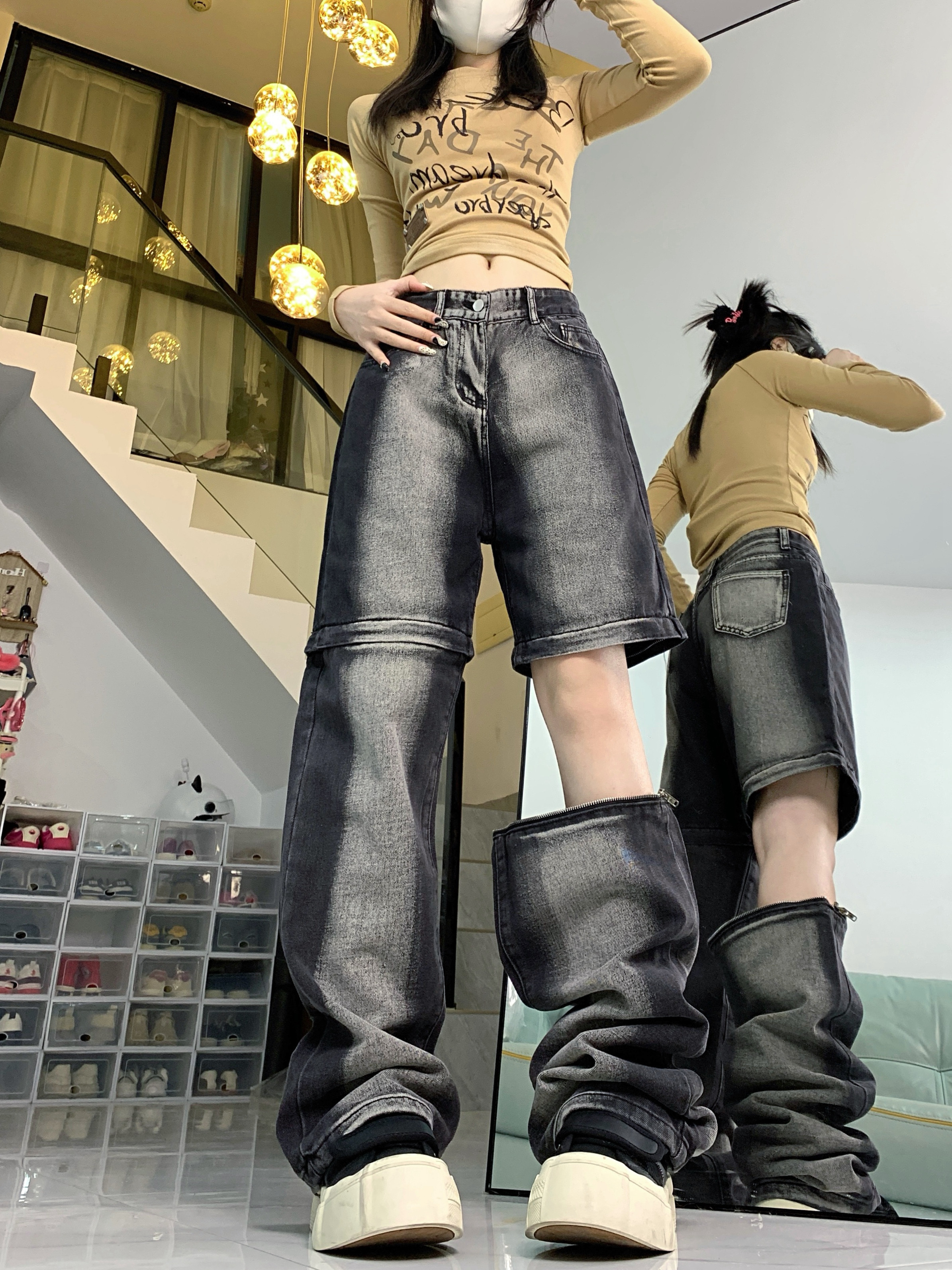 Washed distressed gradient jeans letter high waist loose slimming straight wide leg trousers