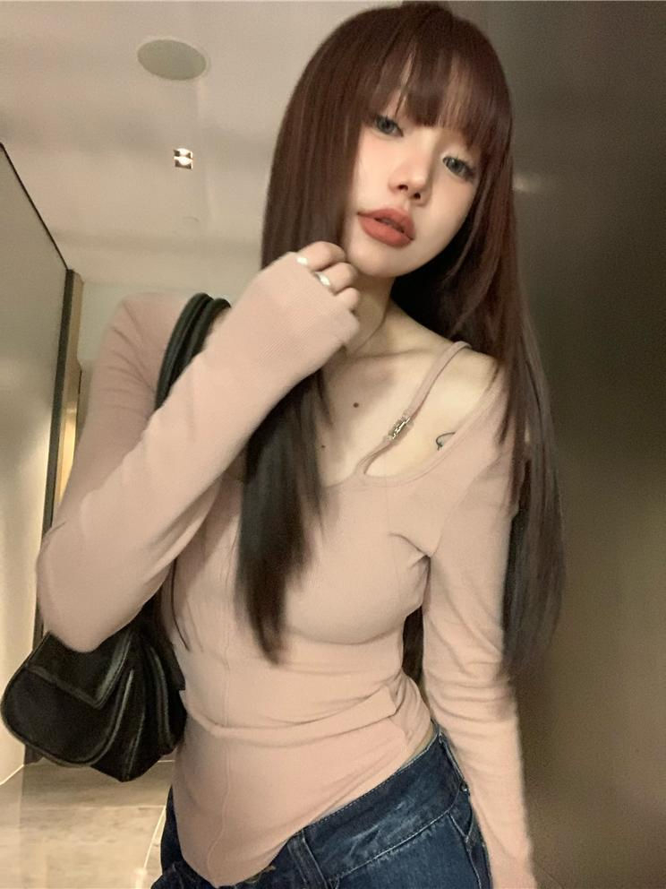260g casually cut and scratched curved hem bottoming shirt long sleeves right shoulder T-shirt for women winter repair