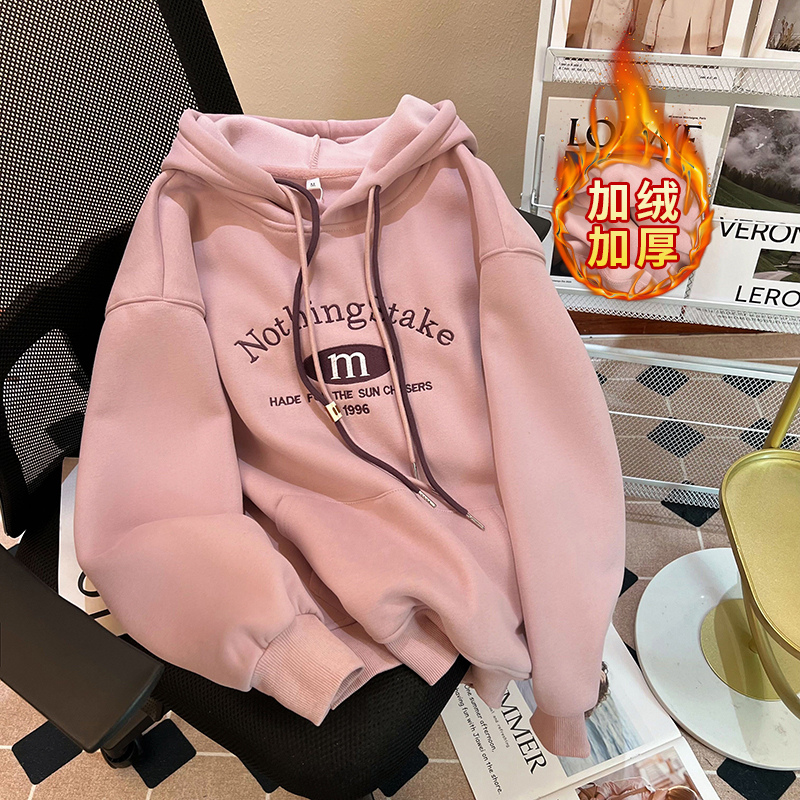 實拍華棉複合真超加絨衛衣女刺繡花2024韓版秋冬保暖上衣大碼女裝