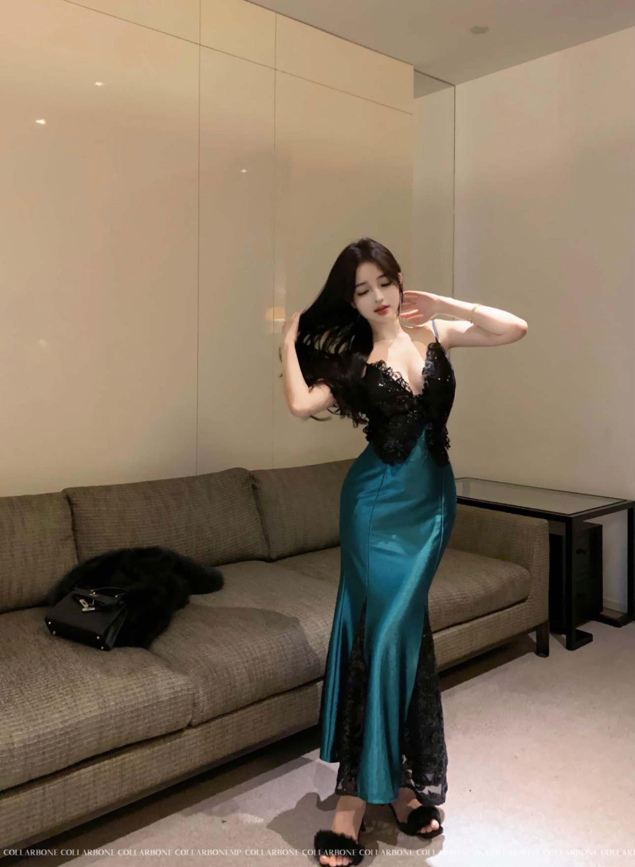 Real shot of glazed sapphire green stunning high-end sequined lace stitching satin hip dress long skirt for women