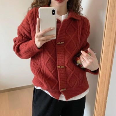Horn button twist retro sweater women's gentle style cardigan 2024 loose outer knitted jacket