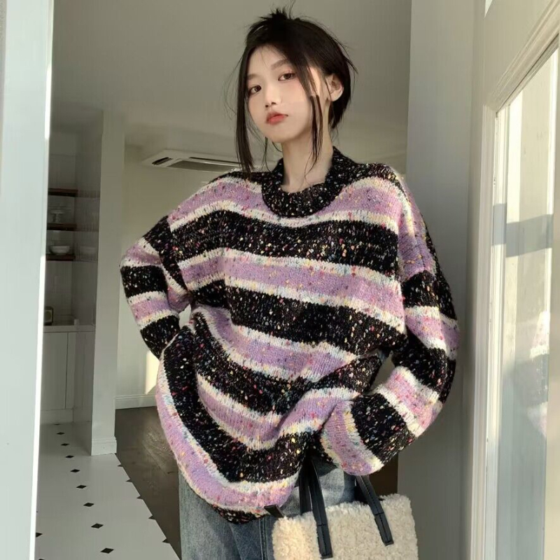 New autumn and winter American retro design striped lazy style loose outer knitted sweater for women
