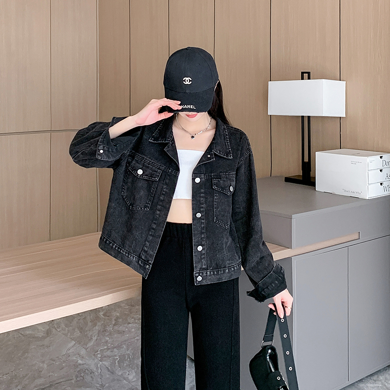 Real shot~Black and gray denim jacket women's short spring and autumn Korean style new work jacket denim top