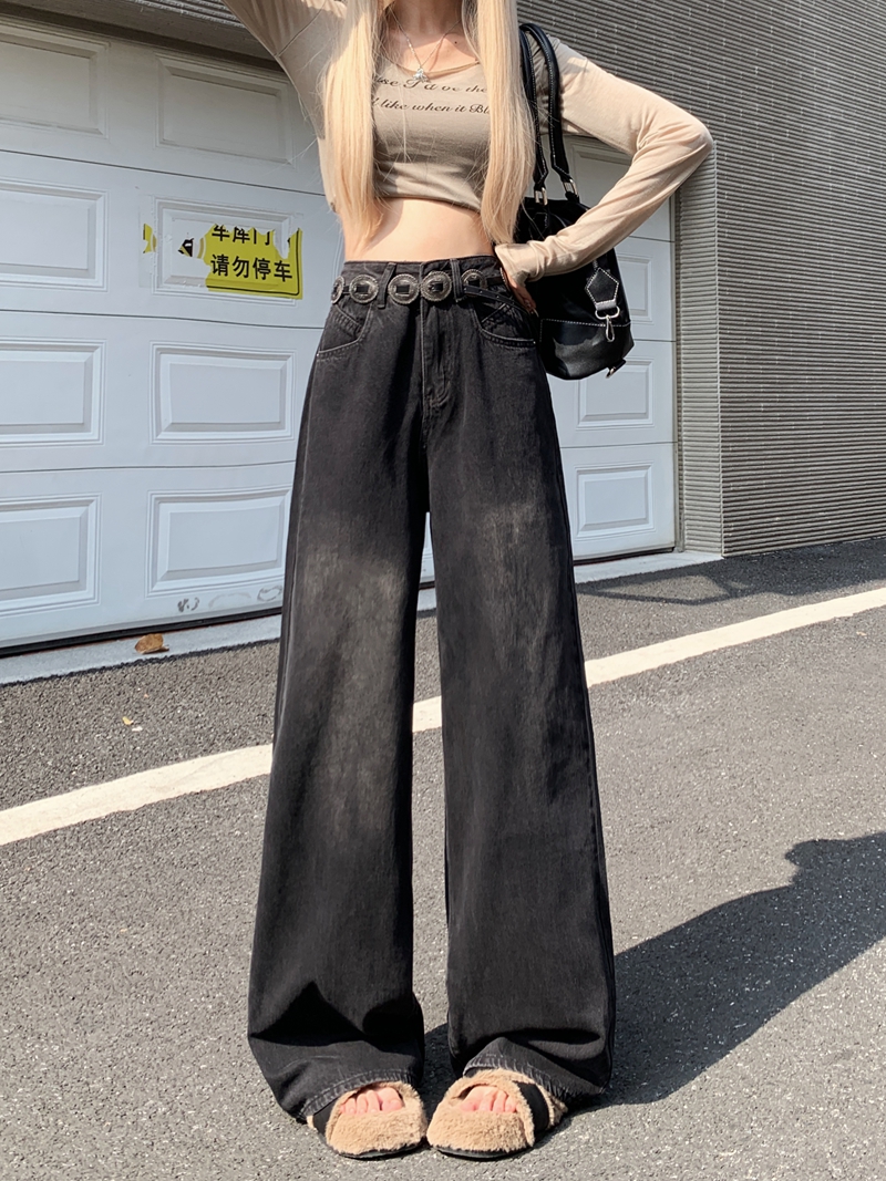 實拍#新款水洗復古牛仔長褲女設計感黑色寬鬆闊腿拖地褲子