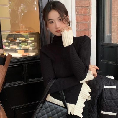 LS autumn and winter design high collar bell sleeve sweater bottoming shirt for women niche retro slim irregular inner wear