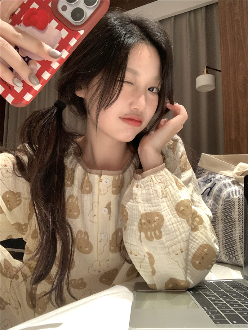 實拍韓版軟棉雙紗親膚卡通撞色寬鬆舒適休閒ins長袖長褲睡衣