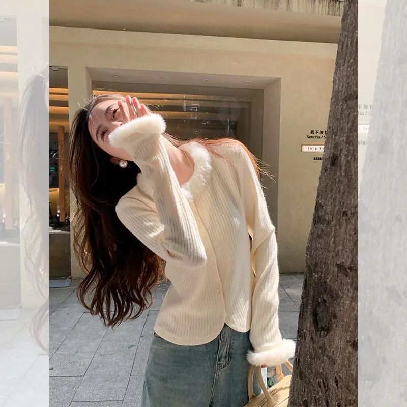 長袖氛圍感修身顯瘦毛毛領開衫外套上衣女