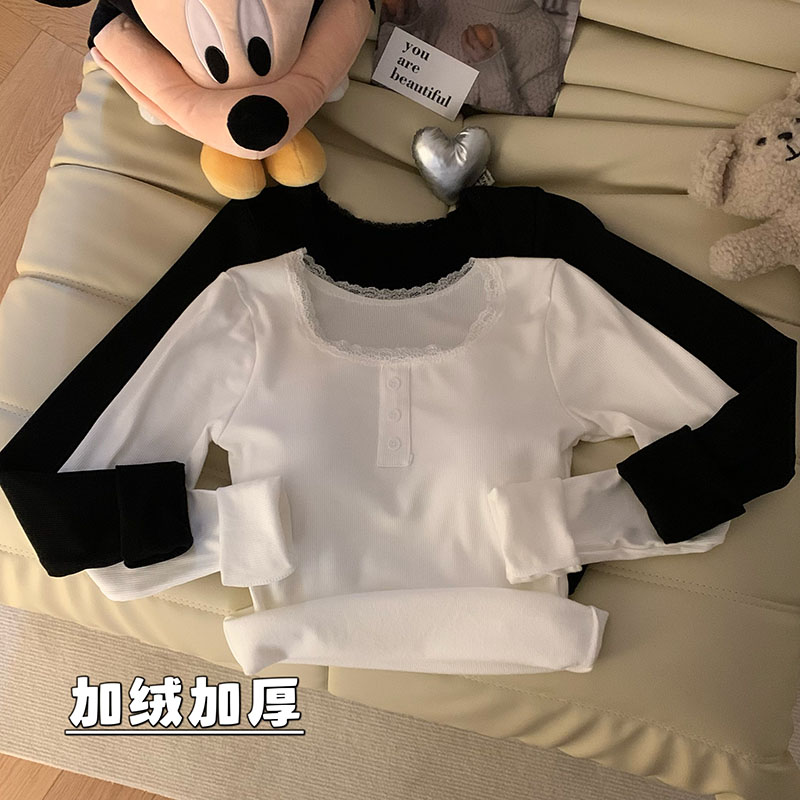 實拍 秋冬保暖磨毛加絨加厚方領蕾絲鎖骨內搭打底衫顯瘦上衣