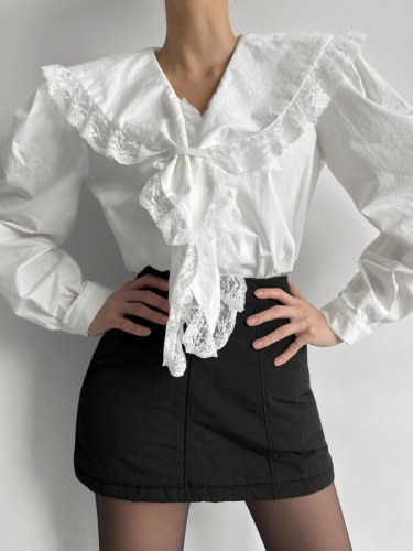 Korean chic early spring new large lapel temperament lace long-sleeved white shirt blouse