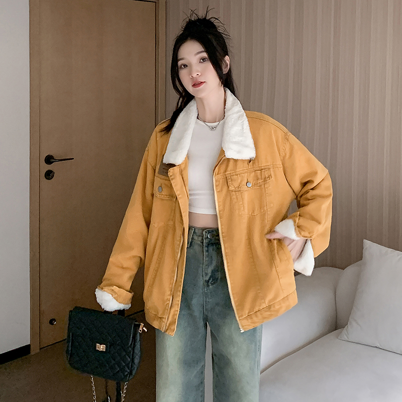 實拍~仿兔絨水洗加絨牛仔外套女冬季新款加厚保暖工裝棉襖潮