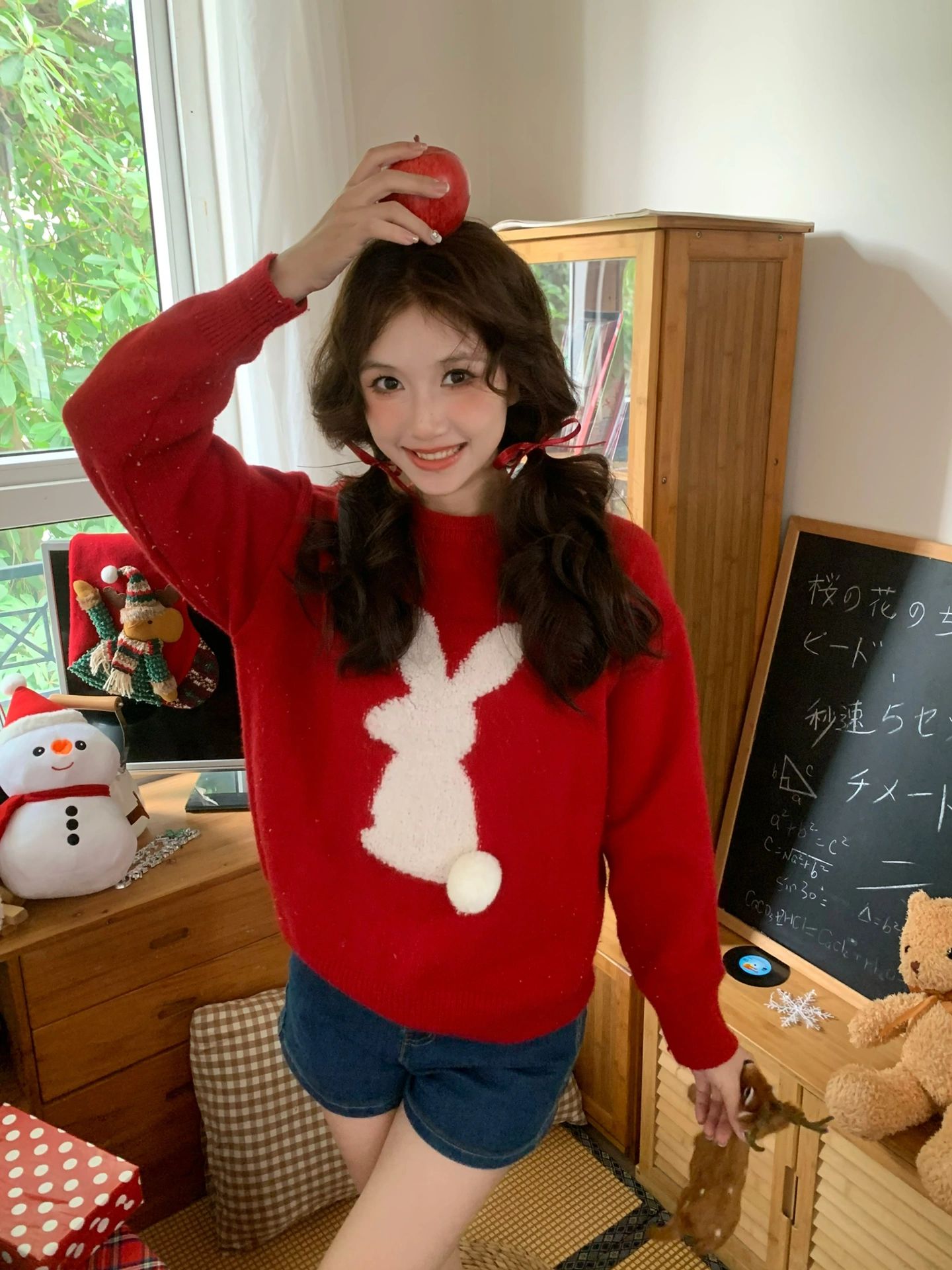 New Year Red Rabbit Pullover Women's Autumn and Winter Christmas 2023 Year of the Rabbit Animal Year Clothes Knitted Tops