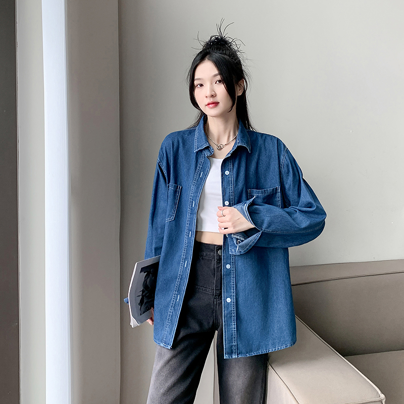 實拍~牛仔襯衫女設計感小眾上衣疊穿長袖襯衣休閒寬鬆外套潮