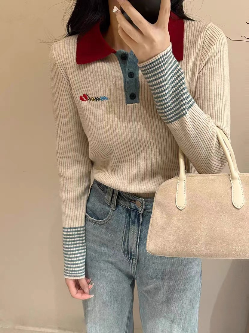歐洲站韓貨正版輕復古撞色字母刺繡喇叭袖POLO領針織羊毛開衫女
