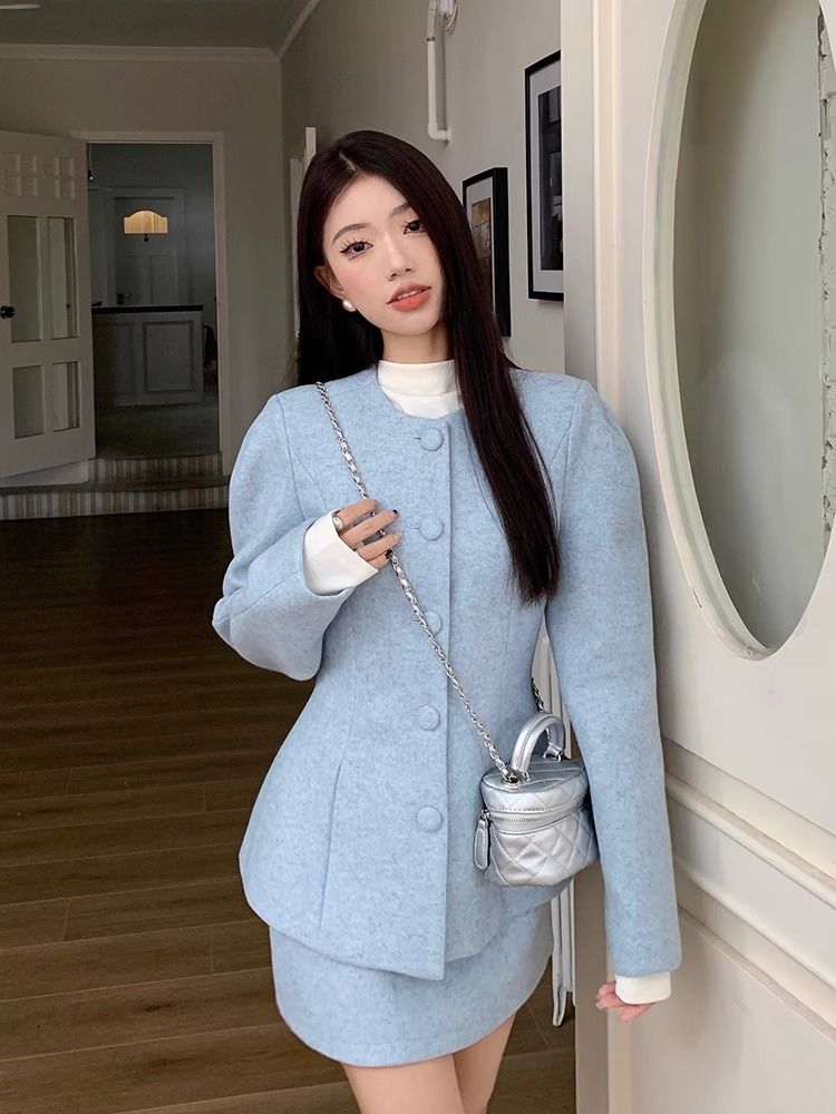 Xiaoxiangfeng high-end waist slimming long-sleeved woolen jacket skirt women's autumn and winter 2023 new fashion suit