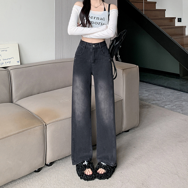 Actual shot~ Black and gray wide-leg jeans for women, new straight-leg slimming high-waist design niche jeans