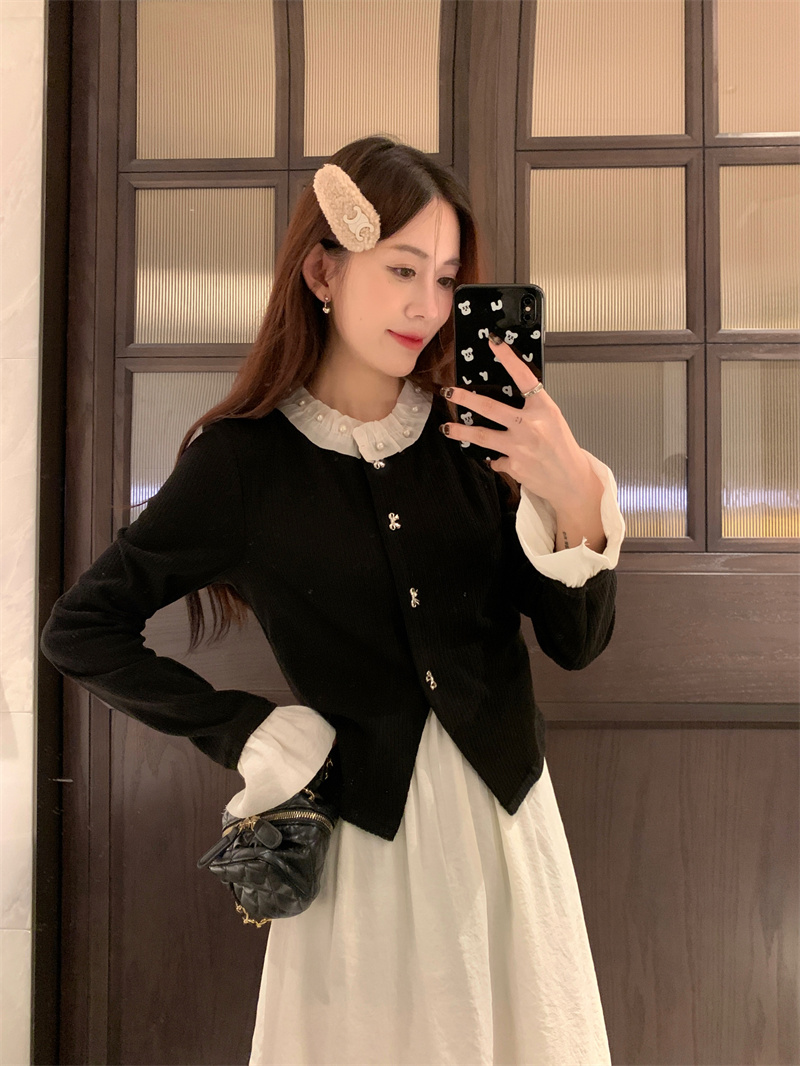 Actual shot of gentle fake two-piece dress for women in autumn and winter, high-end inner A-line mid-length slim princess dress